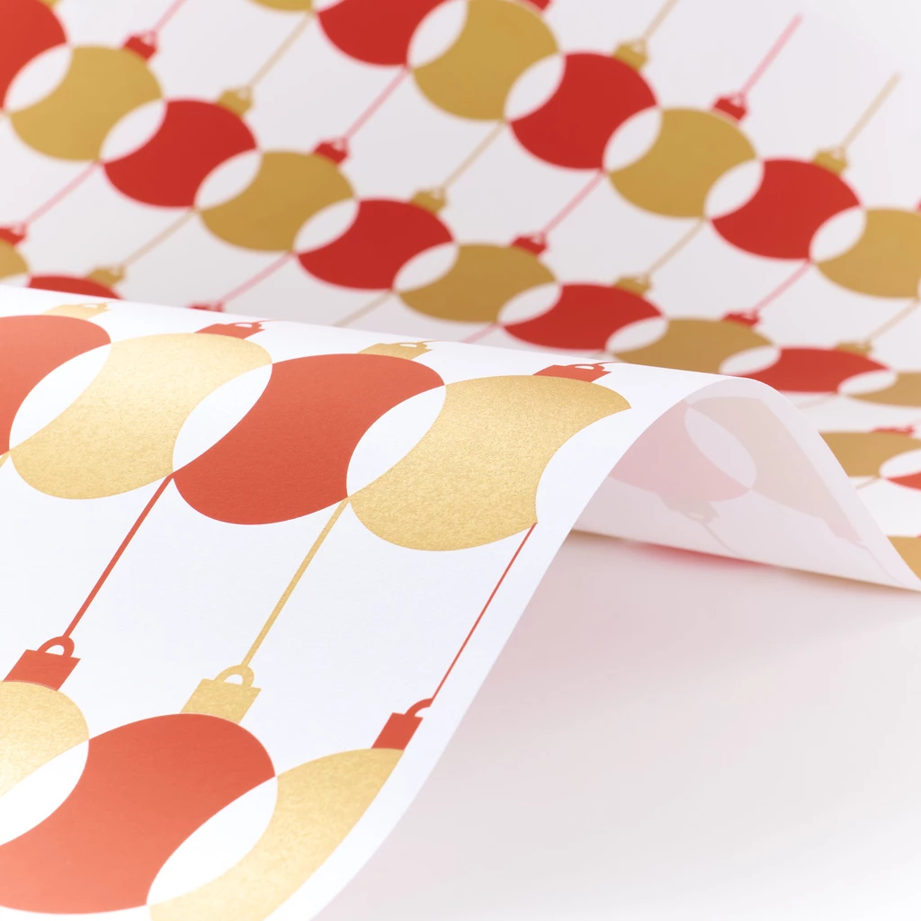 Wrapping paper Newton's baubles red/gold/sil. 50x70 cm, 3 pc