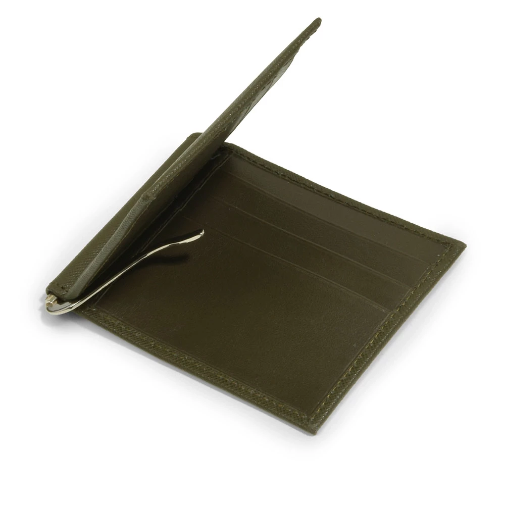 Credit Card Wallet & Money Clip, 6 cc, Saffi leather, olive