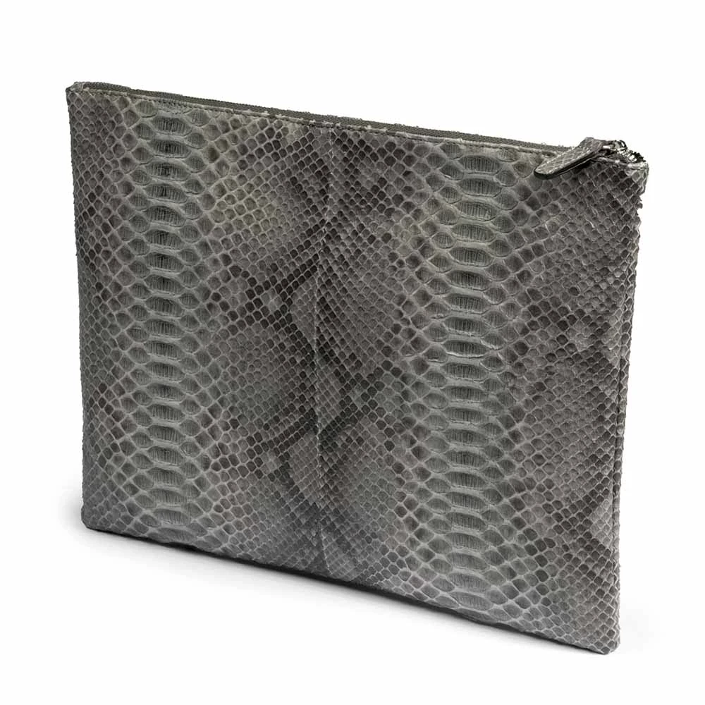 Pouch with Zip, python leather, large, grey