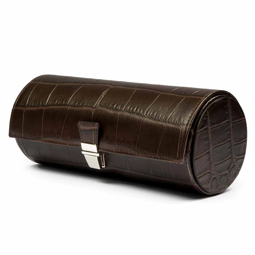 Watch Roll Case, 3 Watches, alligator-emb. leather, black