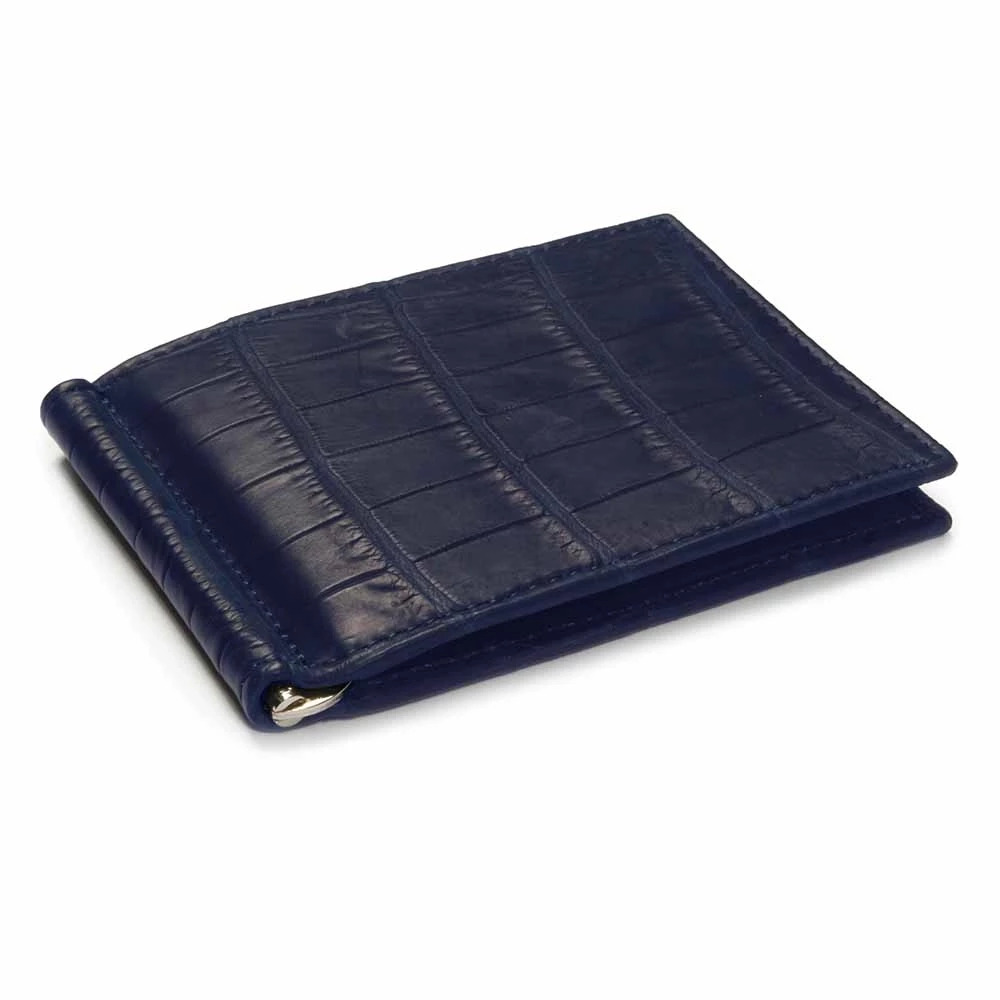 Card Wallet, Money Clip, 6 cc, alligator leather, dark blue