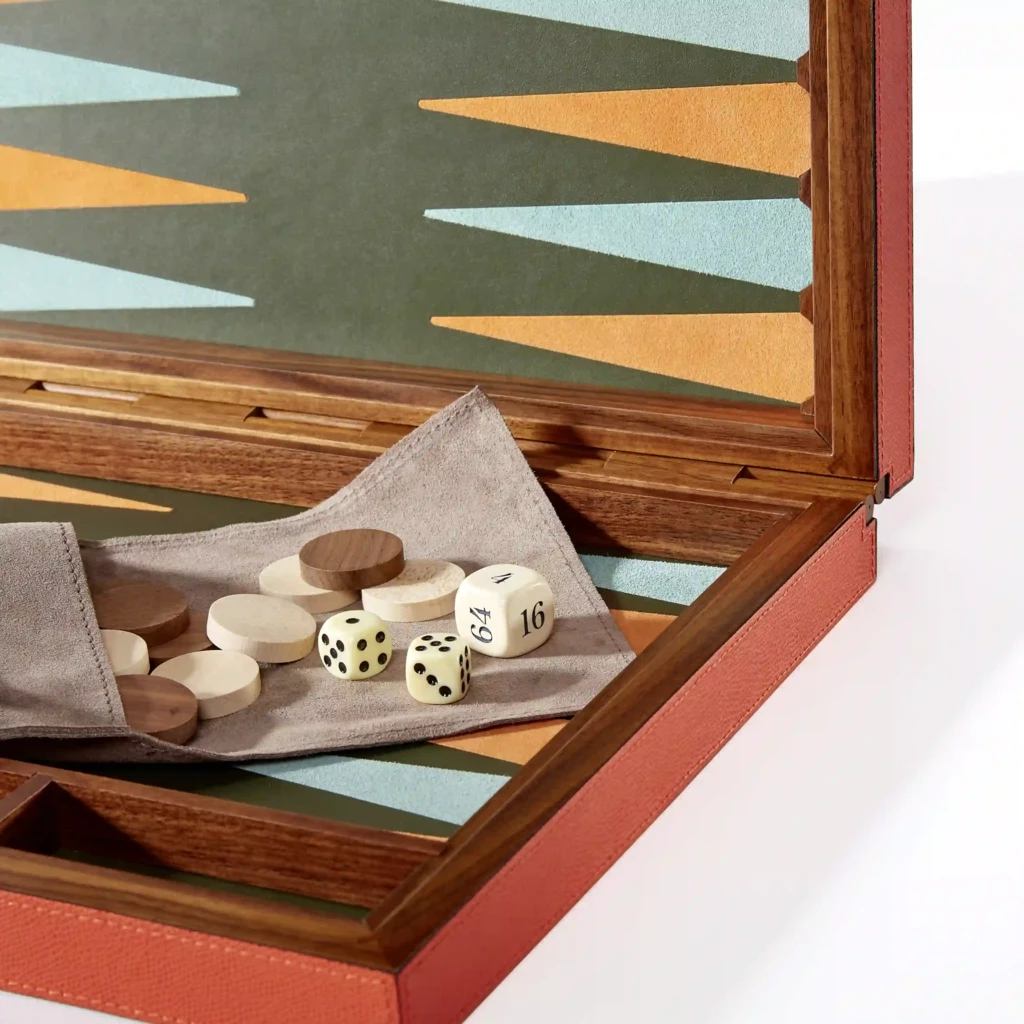 Backgammon Game, walnut/leather, orange