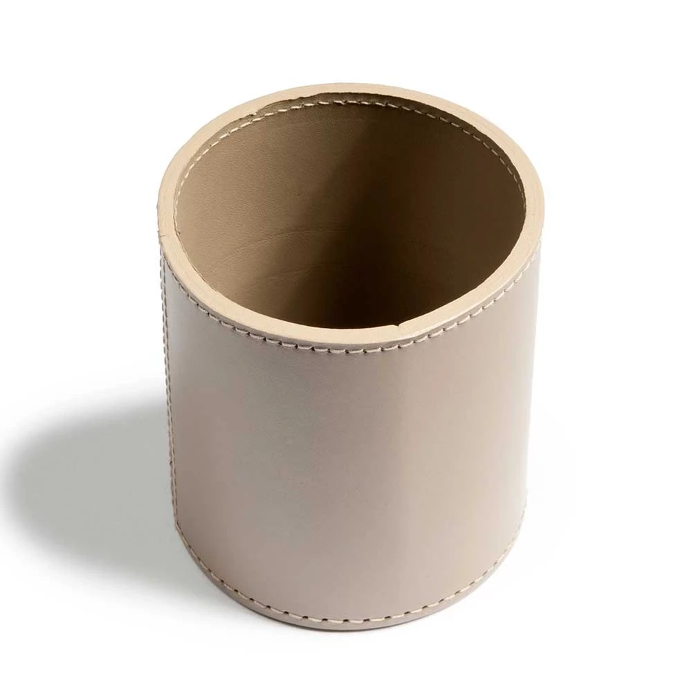 Round pen holder, leather, H 11 cm, D 8.5 cm, taupe