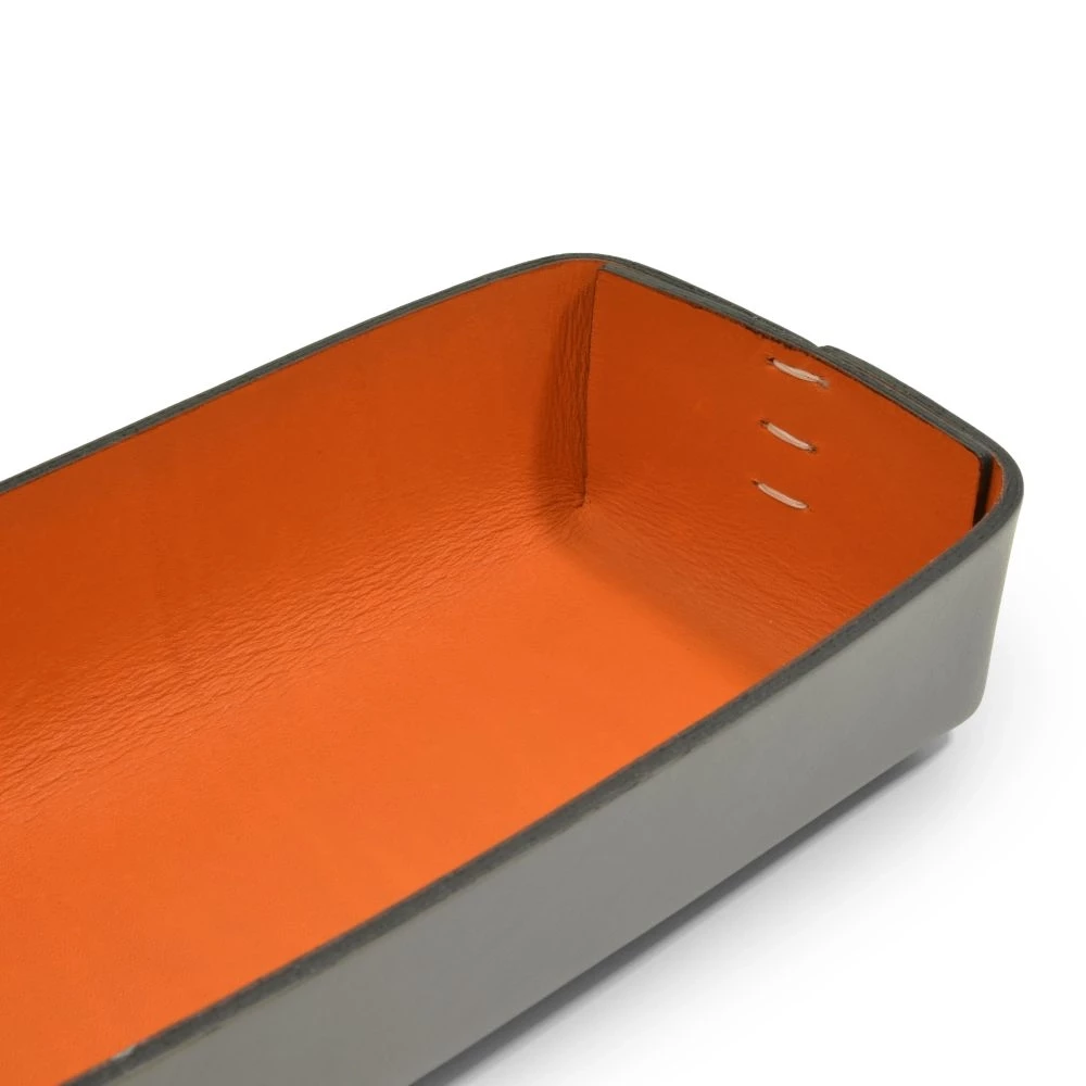 Pen Tray Stitch, leather, narrow, grey/orange