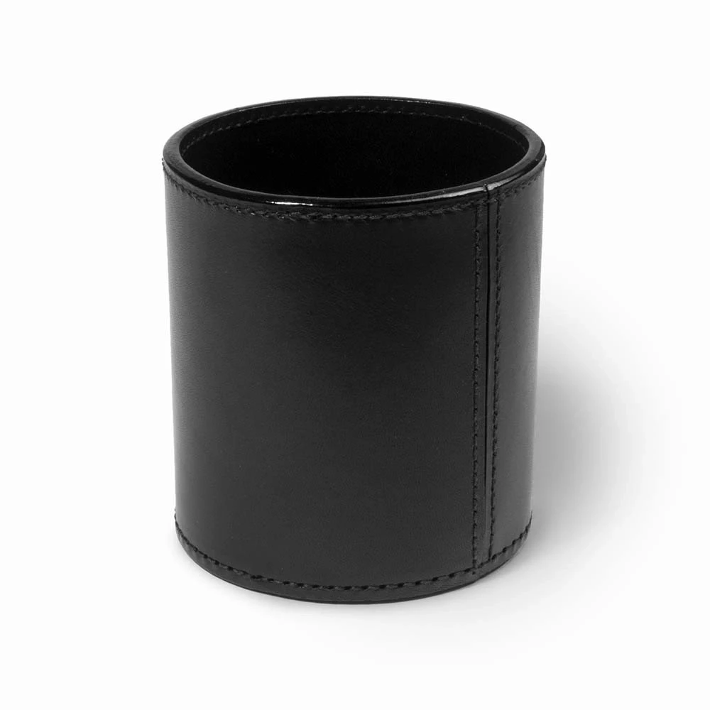 Round pen holder, leather, H 11 cm, D 8.5 cm, black