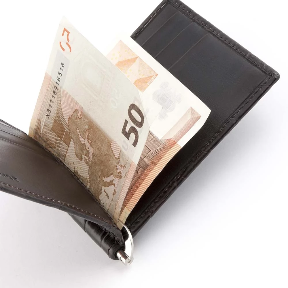 Card Wallet, Money Clip, 6 cc, alligator leather, dark brown