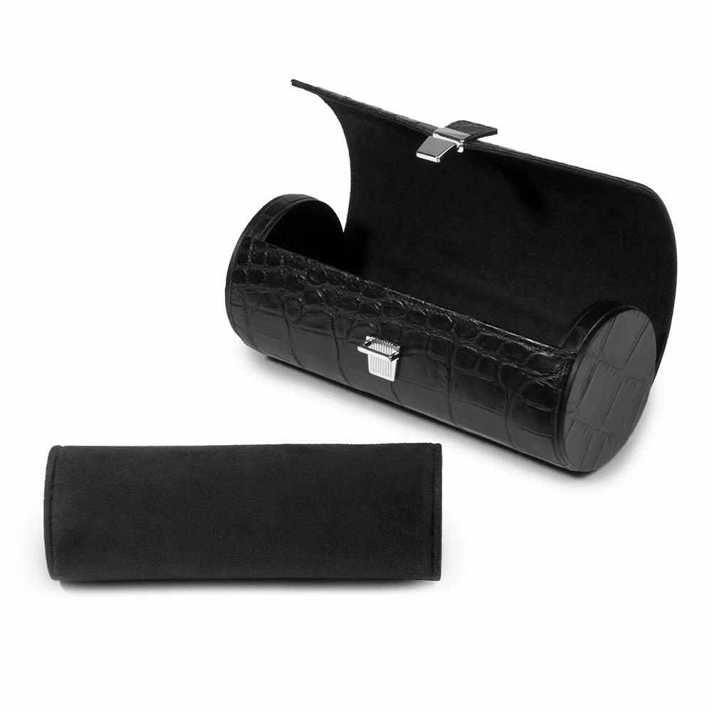 Watch Roll Case, 3 Watches, alligator-emb. leather, black