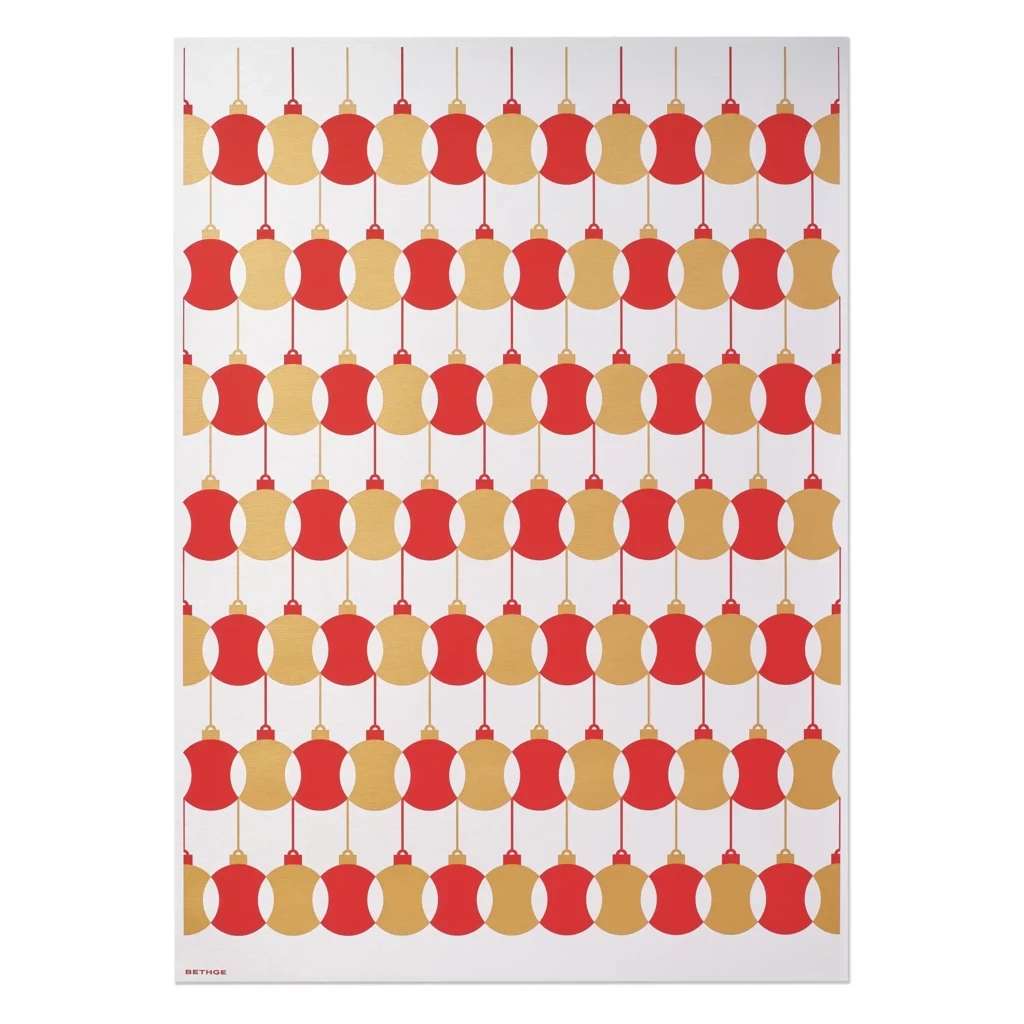 Wrapping paper Newton's baubles red/gold/sil. 50x70 cm, 3 pc