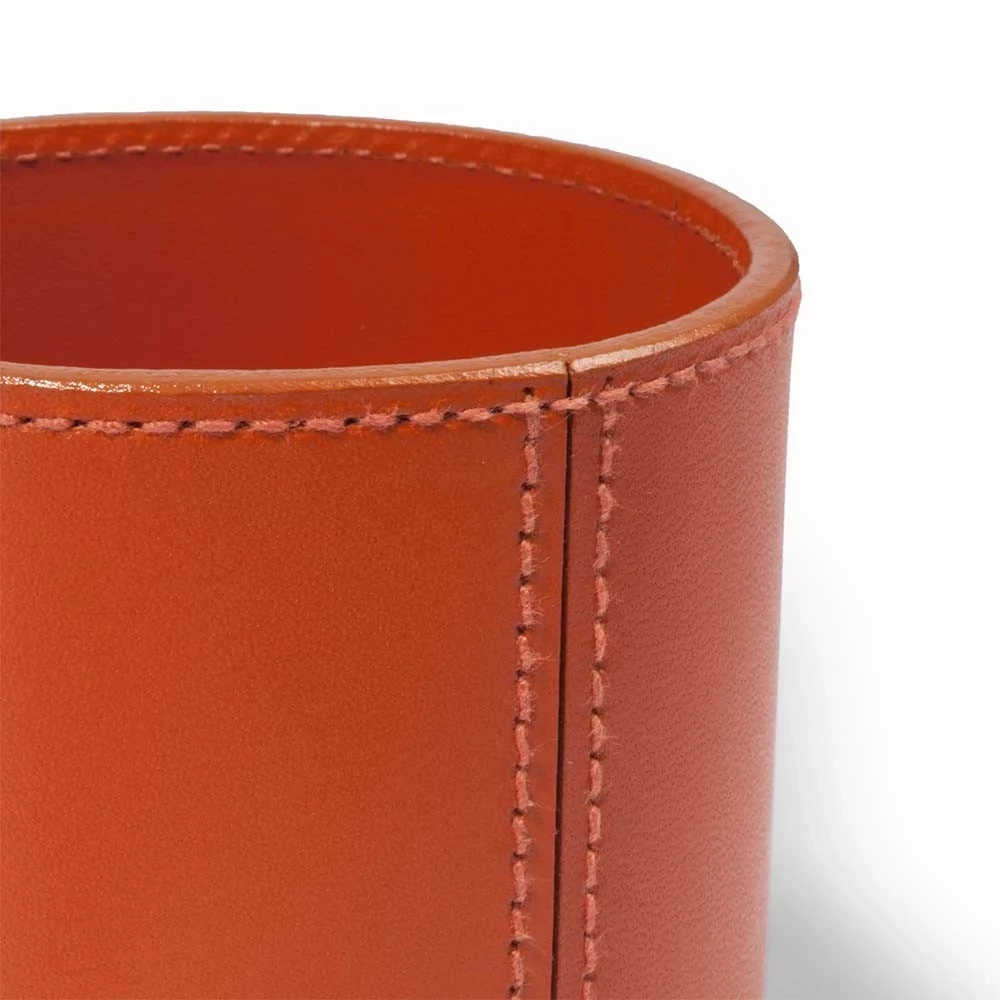 Round pen holder, leather, H 11 cm, D 8.5 cm, orange