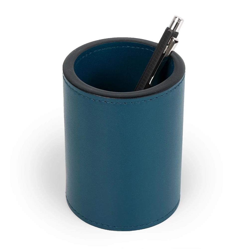 Round pen cup, nappa leather, H 10 cm, D 7.5 cm, petrol
