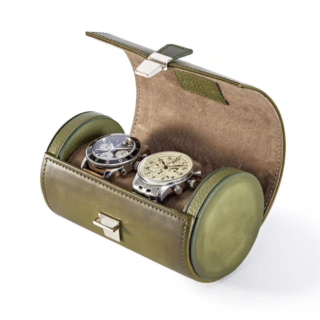 Watch Roll Case, 2 Watches Porto Cervo, leather, olive green