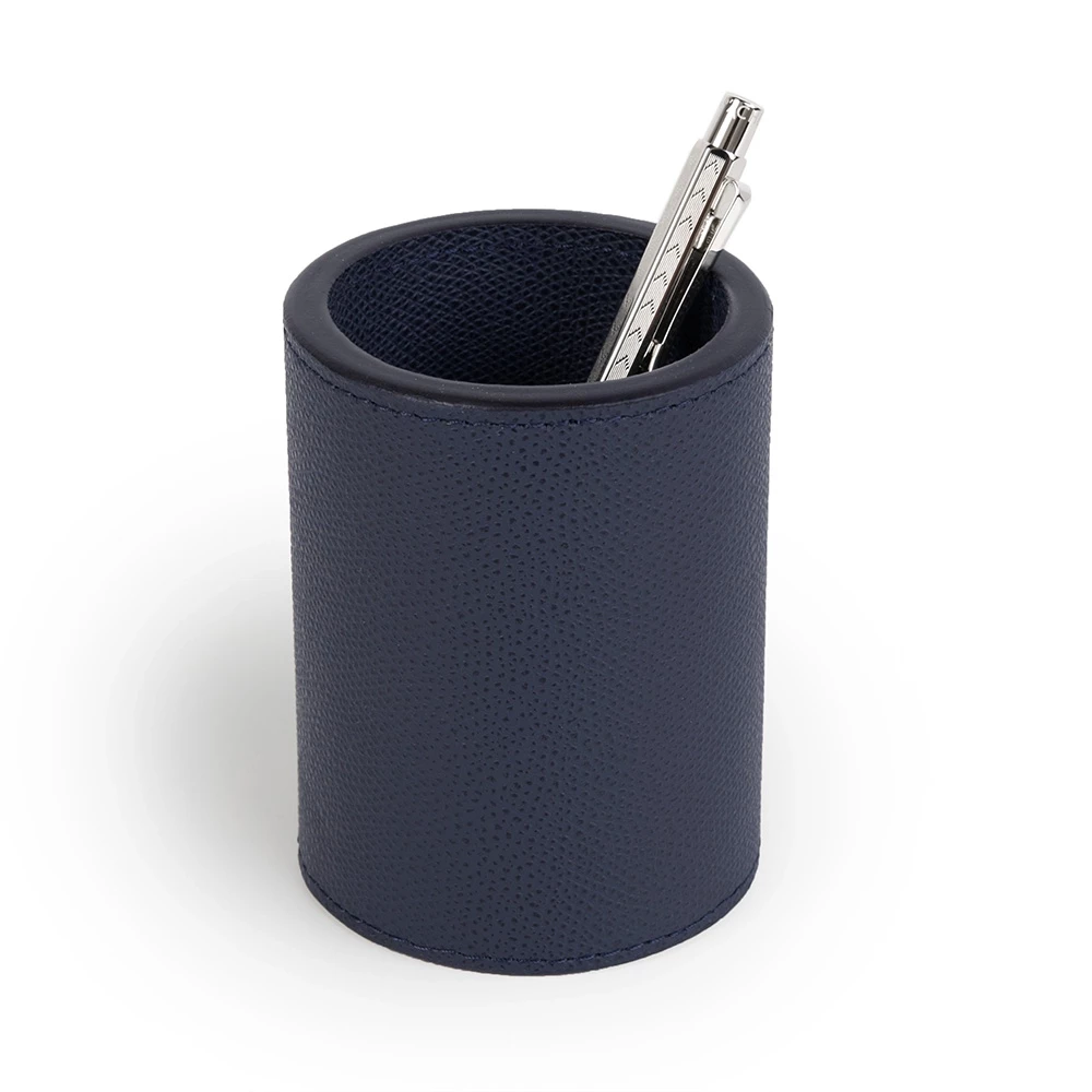 Round pen holder, leather, H 10 cm, D 7.5 cm, dark blue