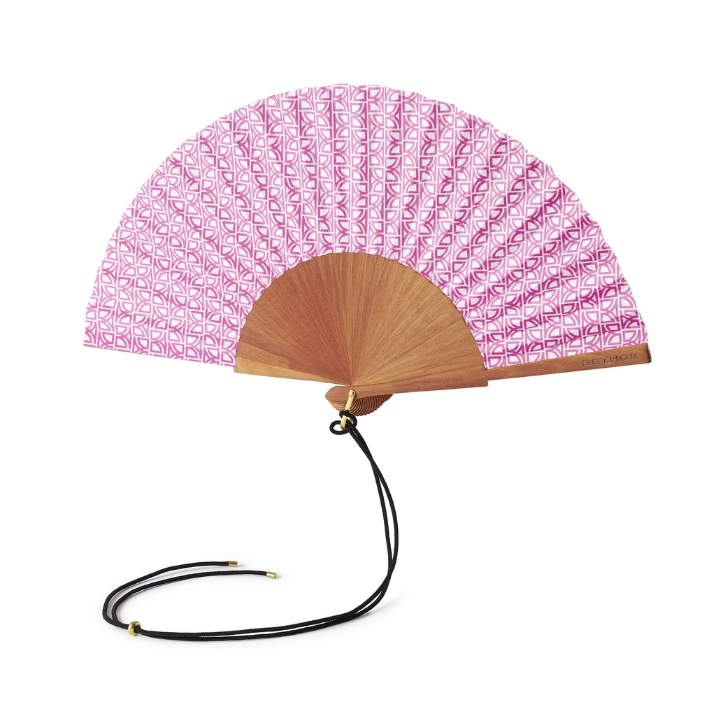 Cotton Hand Fan with Pear Wood Frame Bright Pink