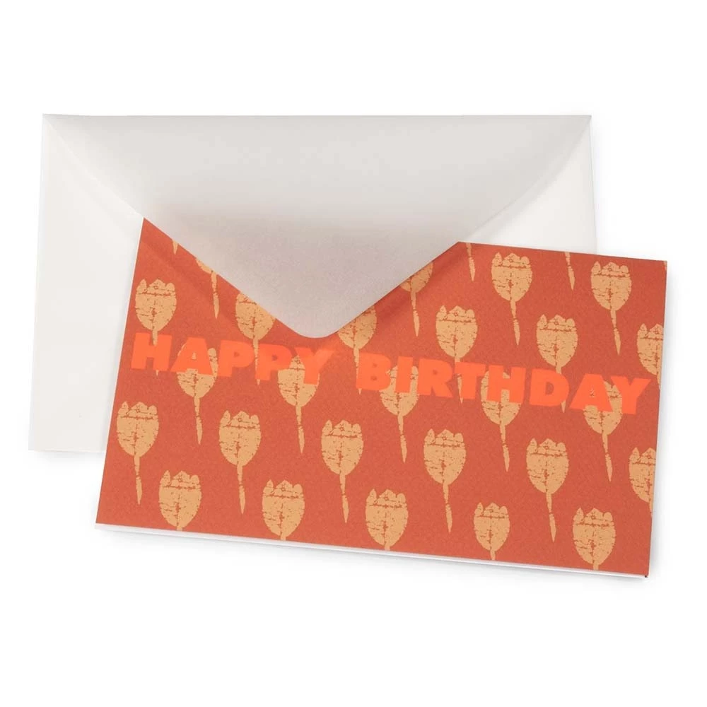Greeting card birthday tulip field orange