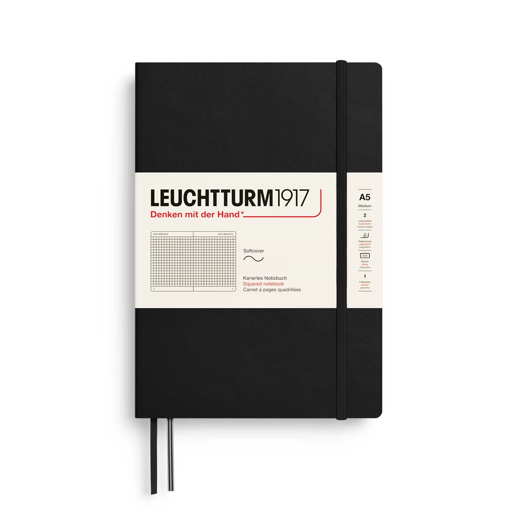 Notebook Medium (A5), Softcover, 123 numbered pages, Black,  squared