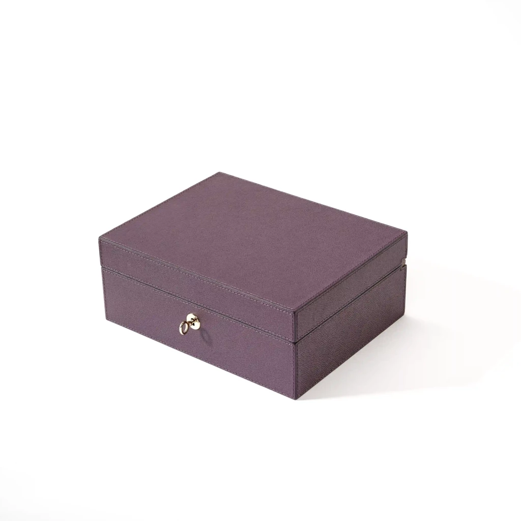 Jewellery Box, walnut/leather, purple