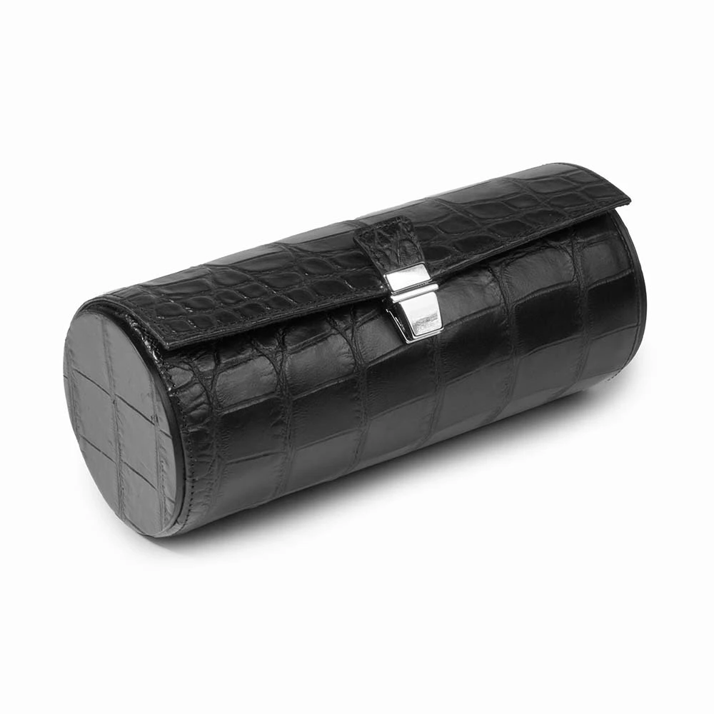Watch Roll Case, 3 Watches, alligator-emb. leather, black