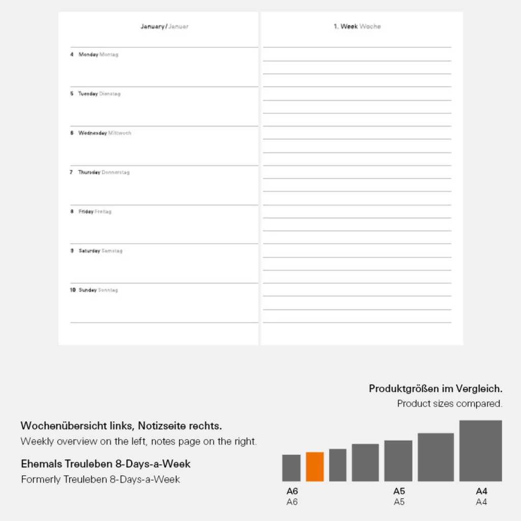 Weekly Planner 8-Days-a-Week 2027 - Week on 2 Pages - Leather -Tebe-Skin Black-8.5 x 14 cm