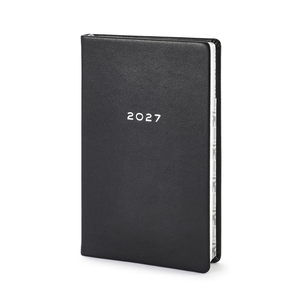 Weekly Planner 8-Days-a-Week 2027 - Week on 2 Pages - Leather -Tebe-Skin Black-8.5 x 14 cm