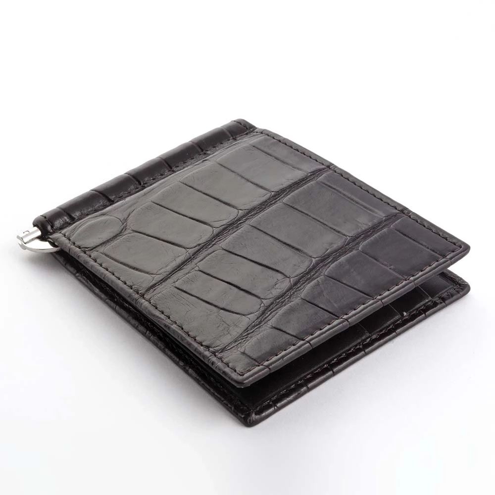 Card Wallet, Money Clip, 6 cc, alligator leather, dark brown