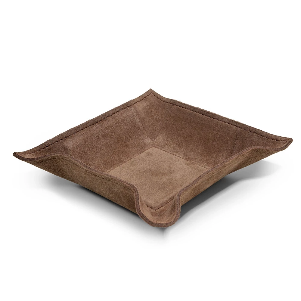 Valet tray square, suede leather, 15 x 15 cm, nut