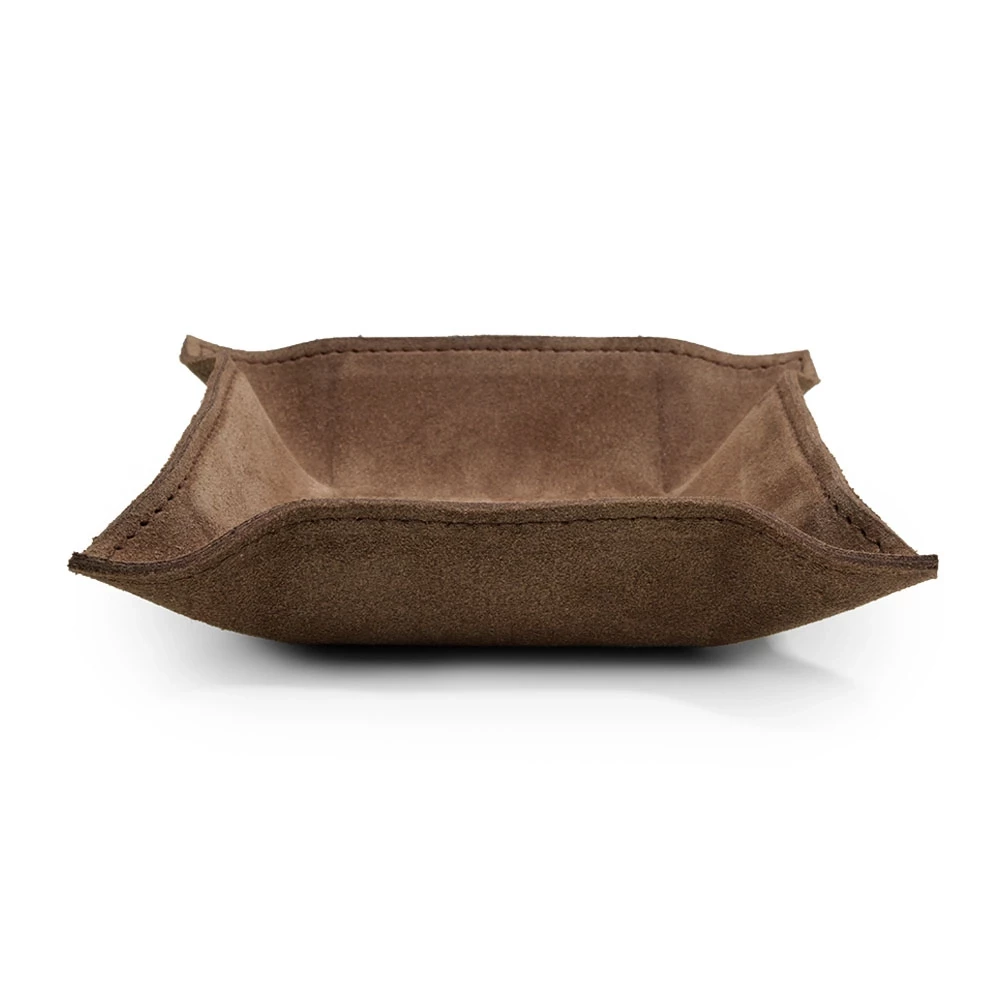 Valet tray square, suede leather, 15 x 15 cm, nut