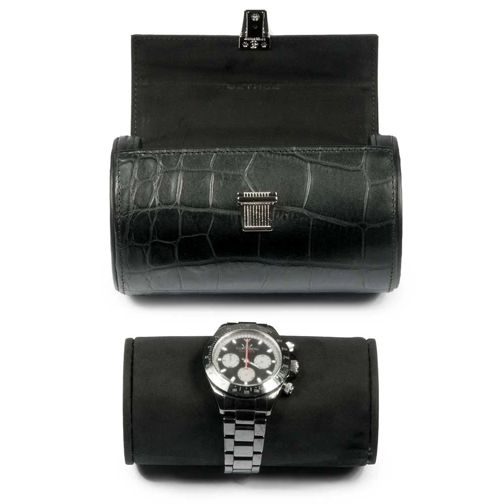 Watch Roll Case for 2 Watches, alligator-emb. leather, black