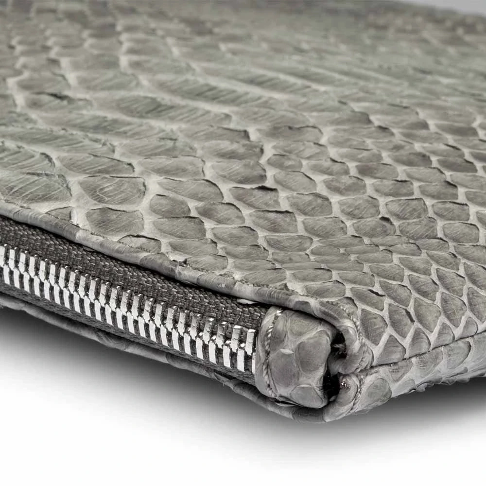 Pouch with Zip, python leather, large, grey