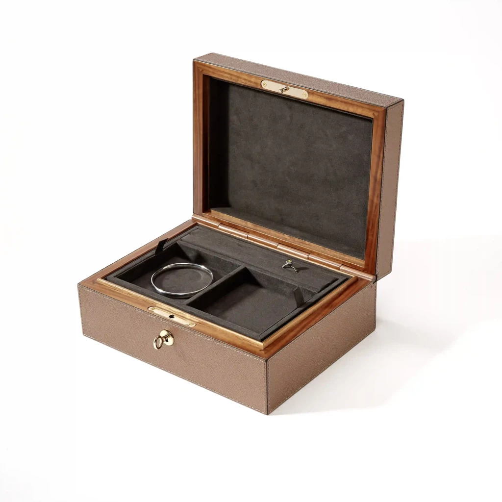 Jewellery Box, walnut/leather, bronze