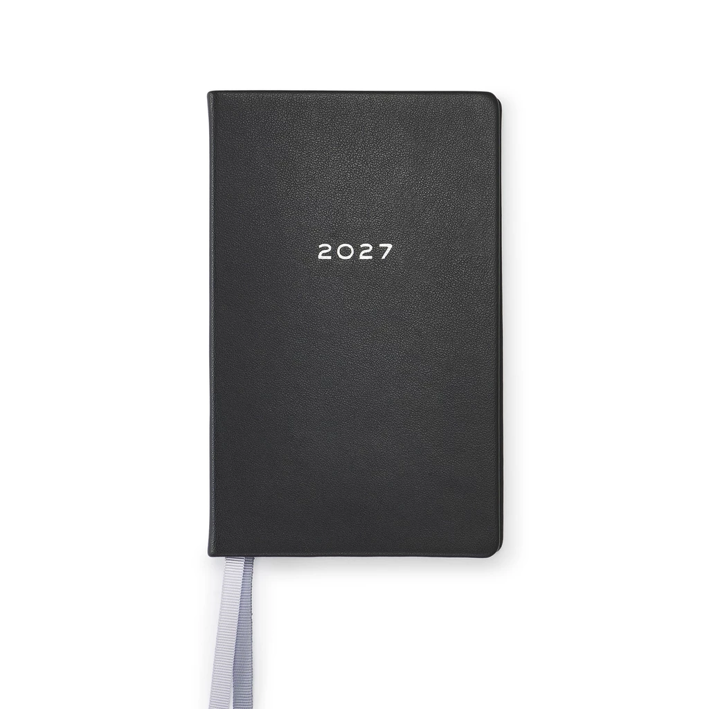 Weekly Planner 8-Days-a-Week 2027 - Week on 2 Pages - Leather -Tebe-Skin Black-8.5 x 14 cm
