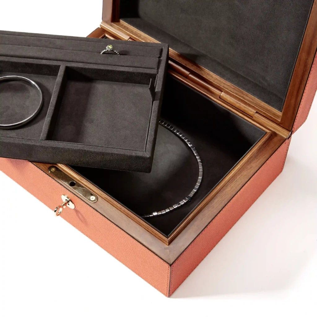 Jewellery Box, walnut/leather, orange