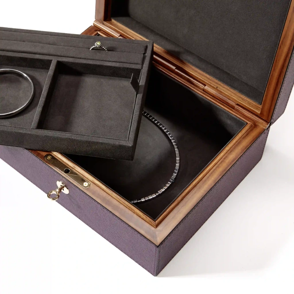 Jewellery Box, walnut/leather, purple