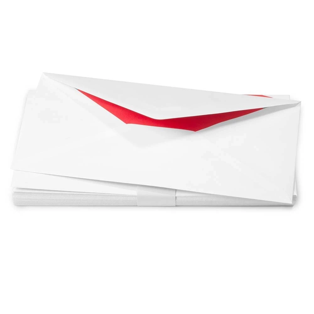 25 long DIN envelopes, Smooth White, red silk lining
