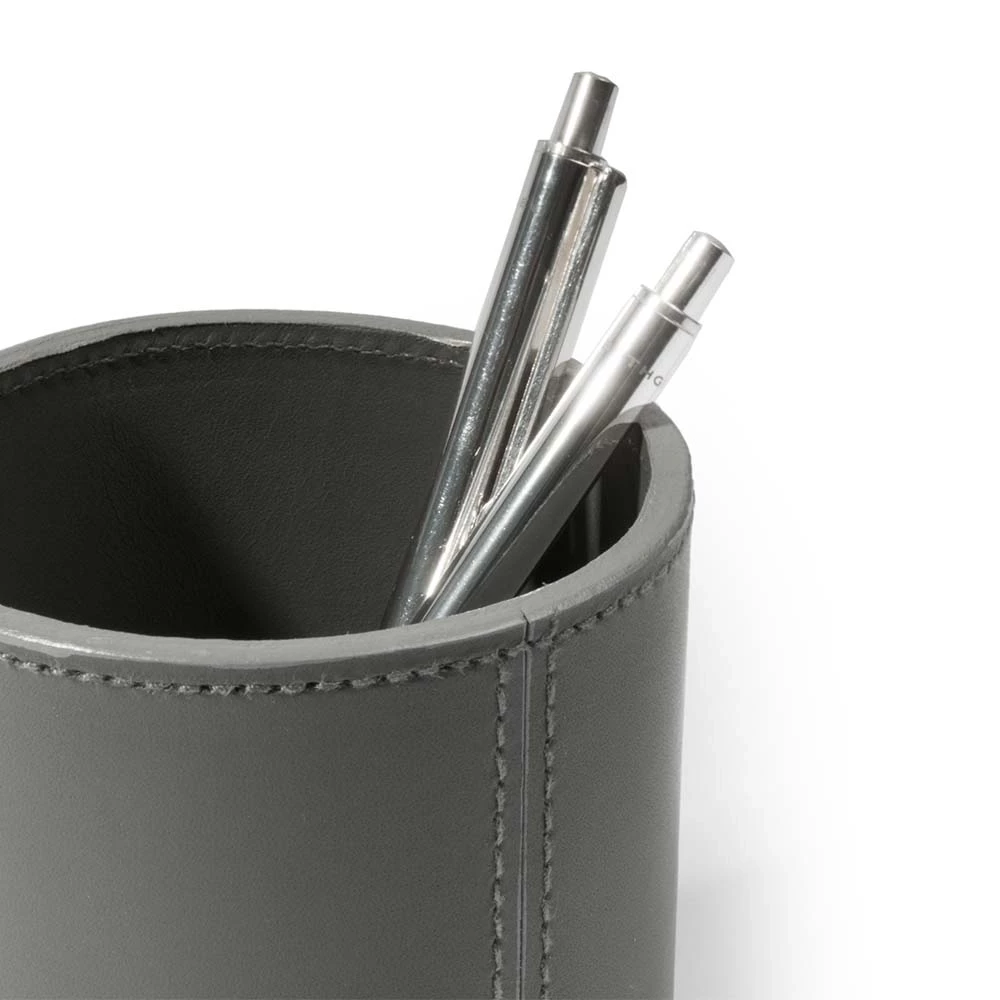 Round pen holder, leather, H 11 cm, D 8.5 cm, dark grey