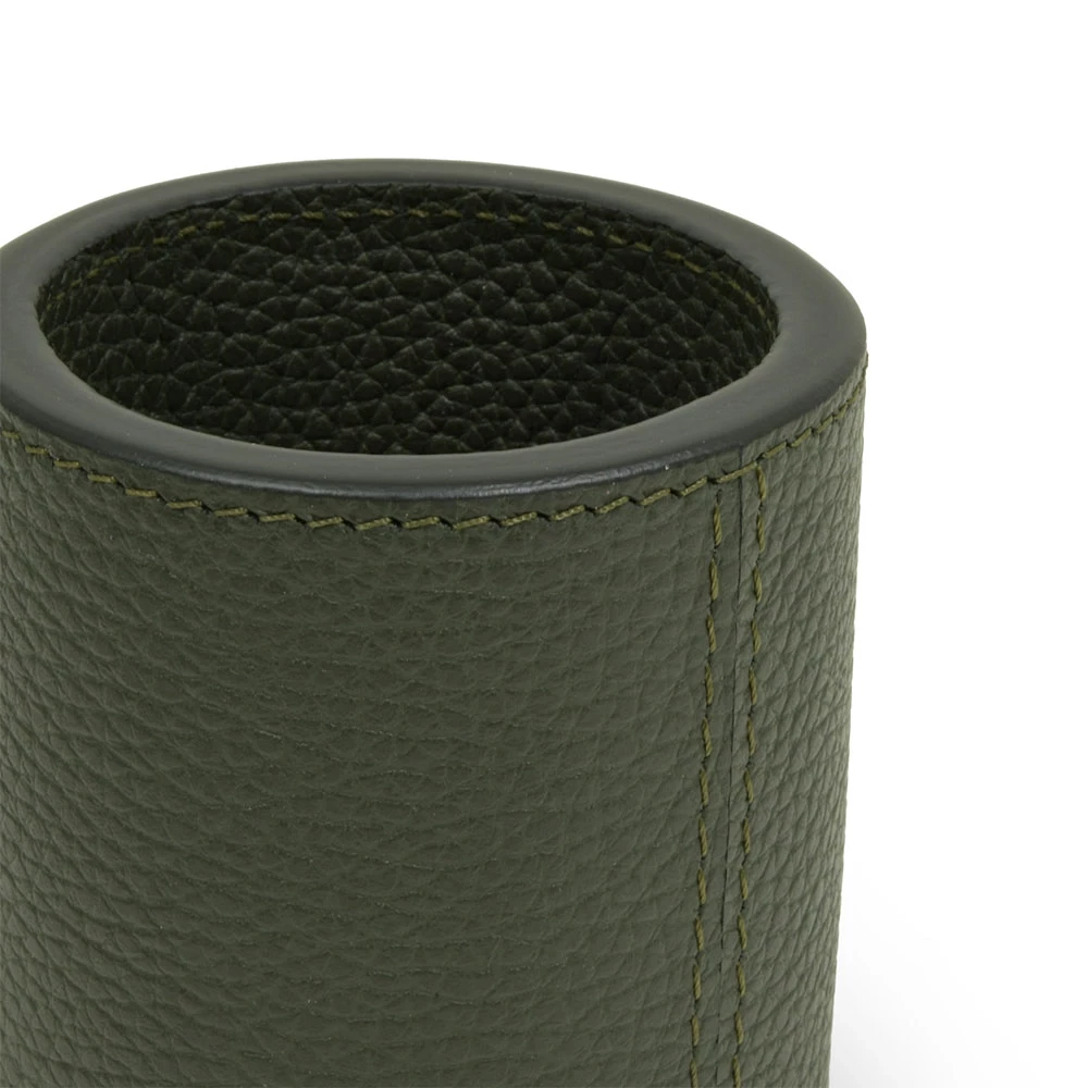 Round pen holder, deer leather, H 10.0 cm, D 7.5 cm, dark green