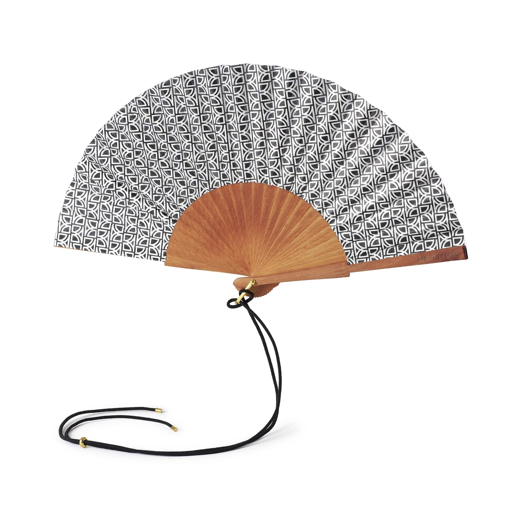 Cotton Hand Fan with Pear Wood Frame Black & Silver