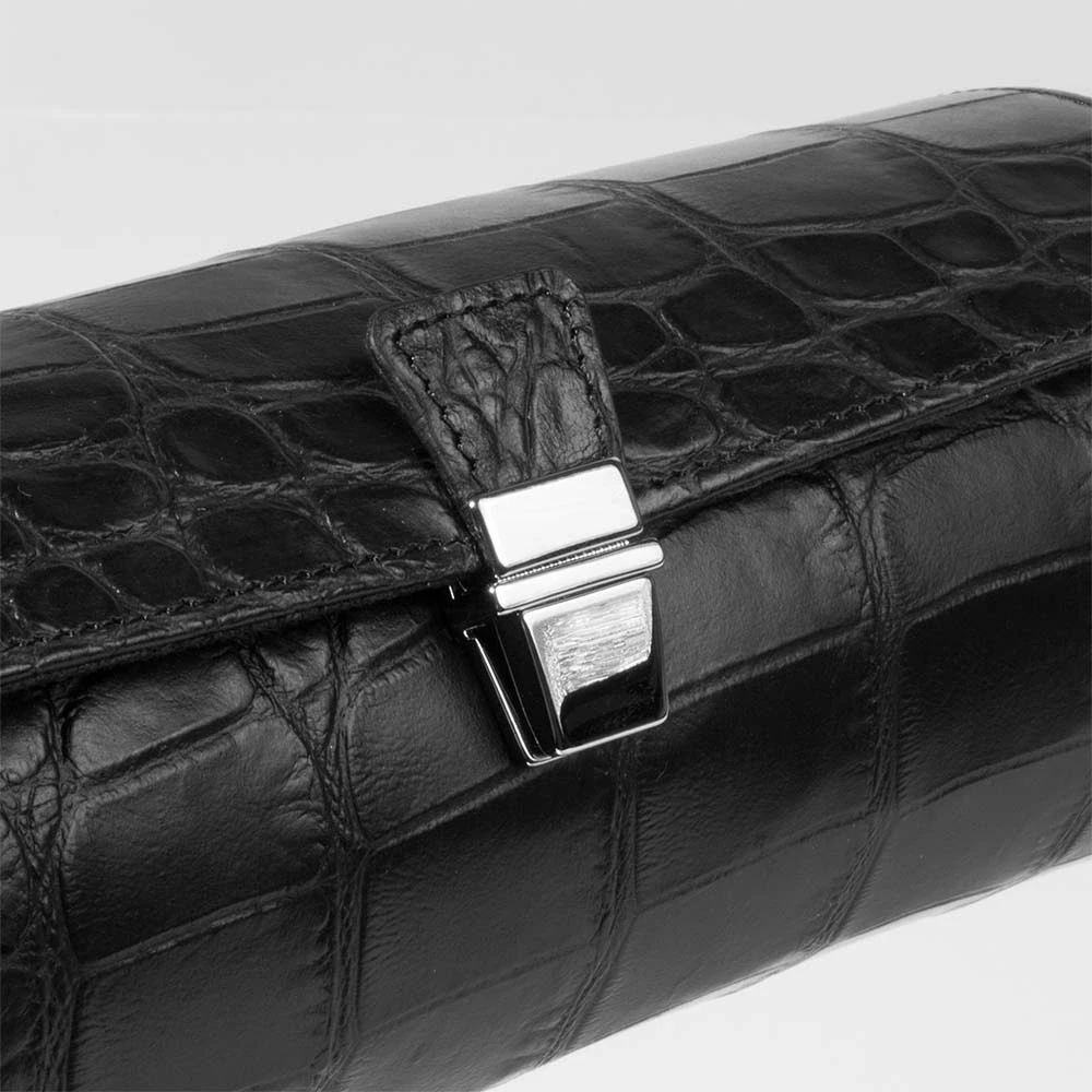 Watch Roll Case, 3 Watches, alligator-emb. leather, black