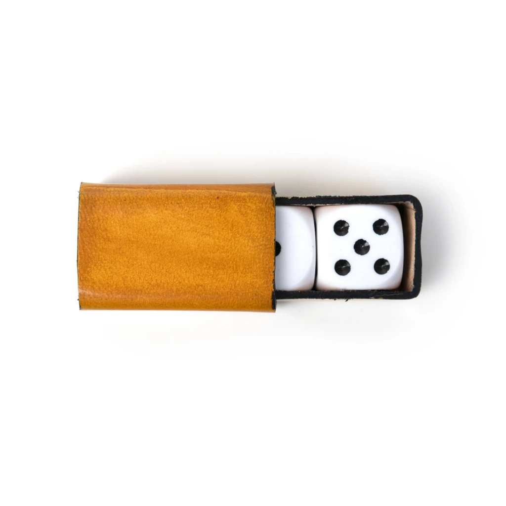 Dice Game with 2 Dice in Leather Box, yellow