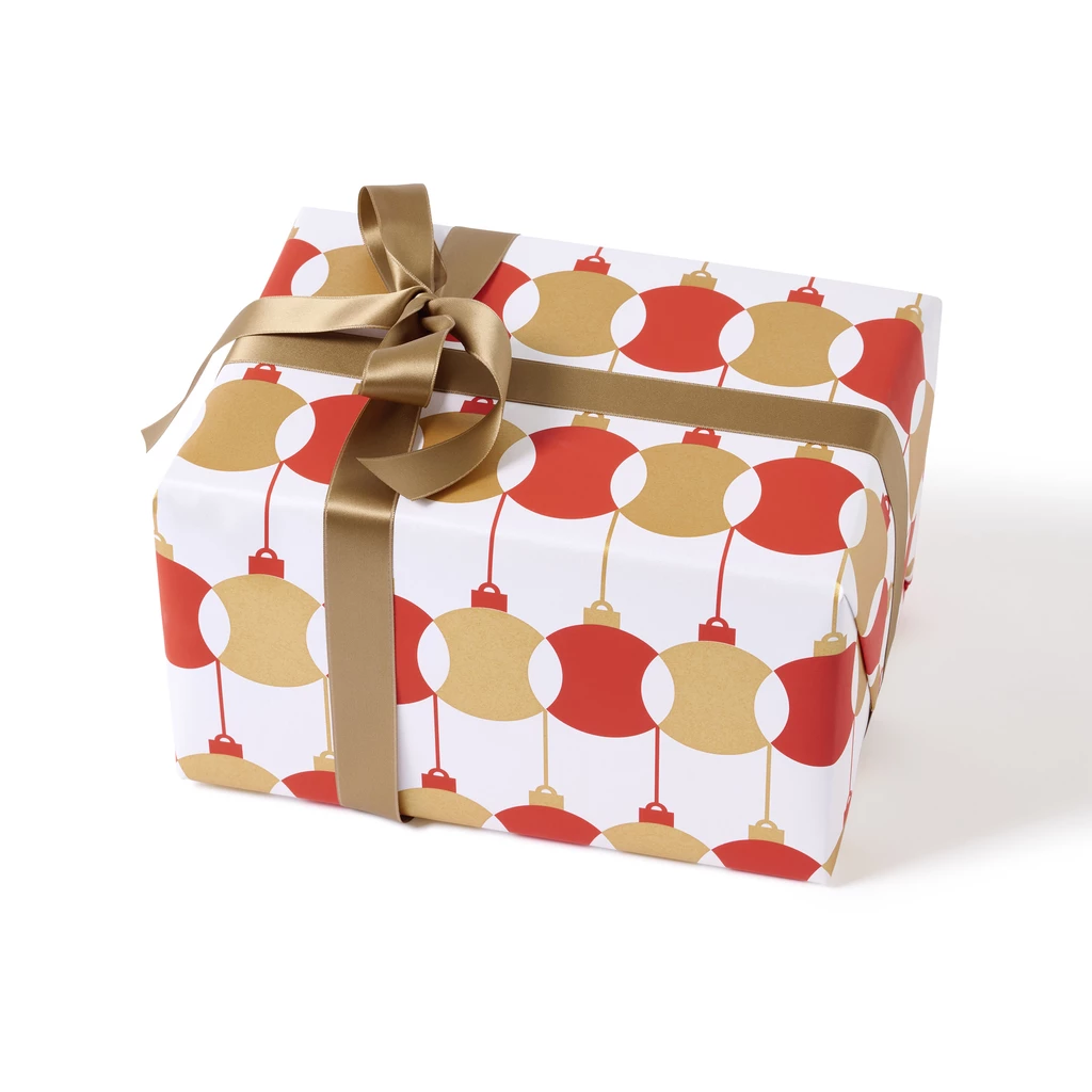 Wrapping paper Newton's baubles red/gold/sil. 50x70 cm, 3 pc