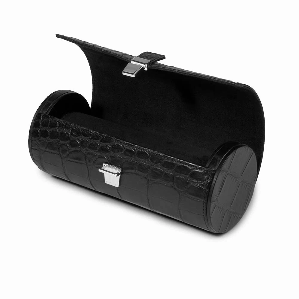 Watch Roll Case, 3 Watches, alligator-emb. leather, black