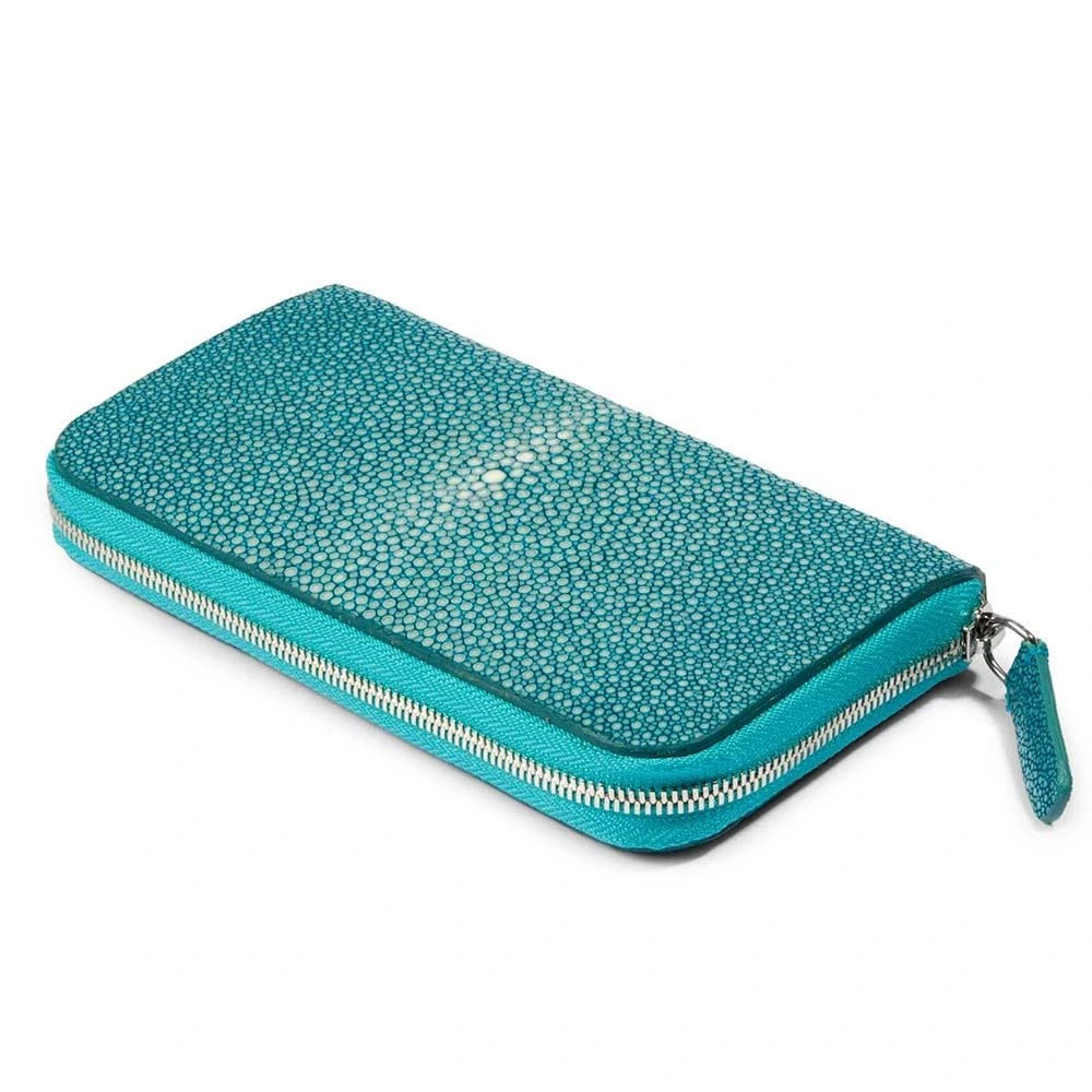 Wallet with Zip, stingray leather, large, turquoise