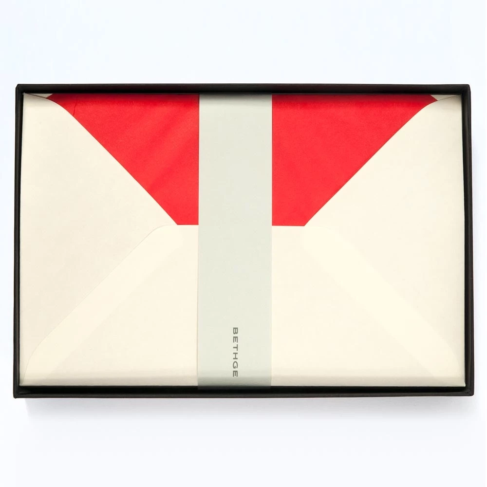 25 Diplomat envelopes, Smooth Ivory, red silk lining