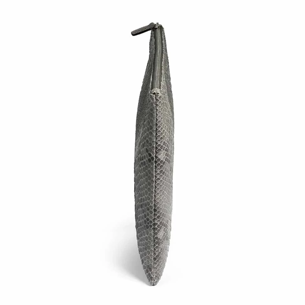 Pouch with Zip, python leather, large, grey