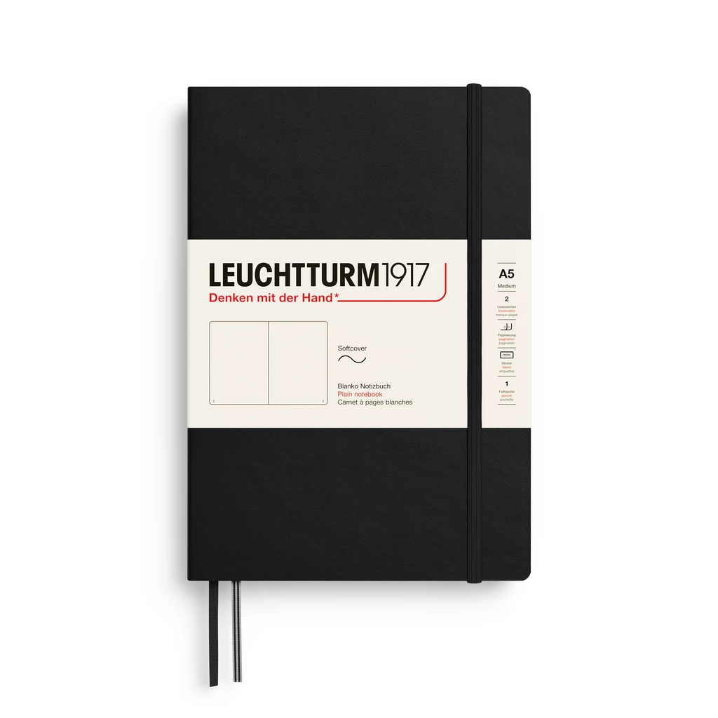 Notebook Medium (A5), Softcover, 123 numbered pages, Black,  plain
