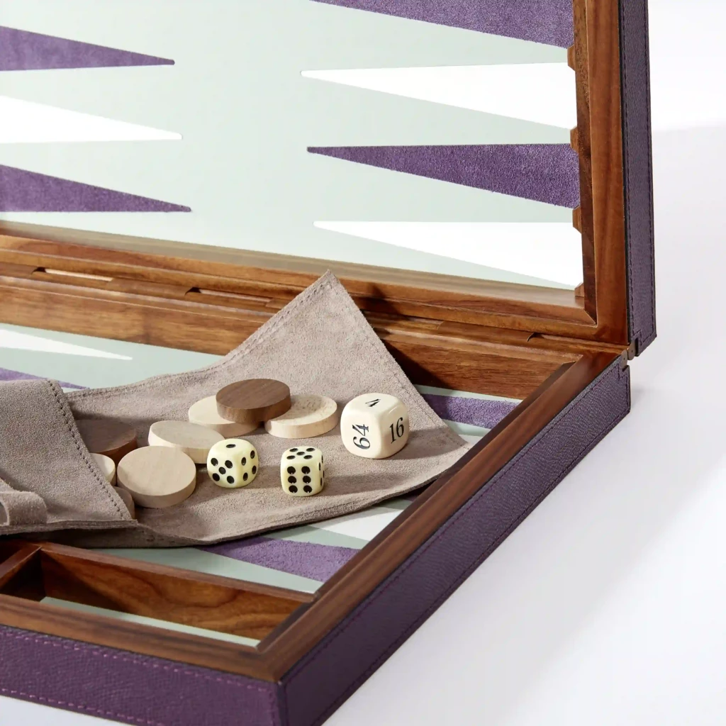 Backgammon Game, walnut/leather, purple