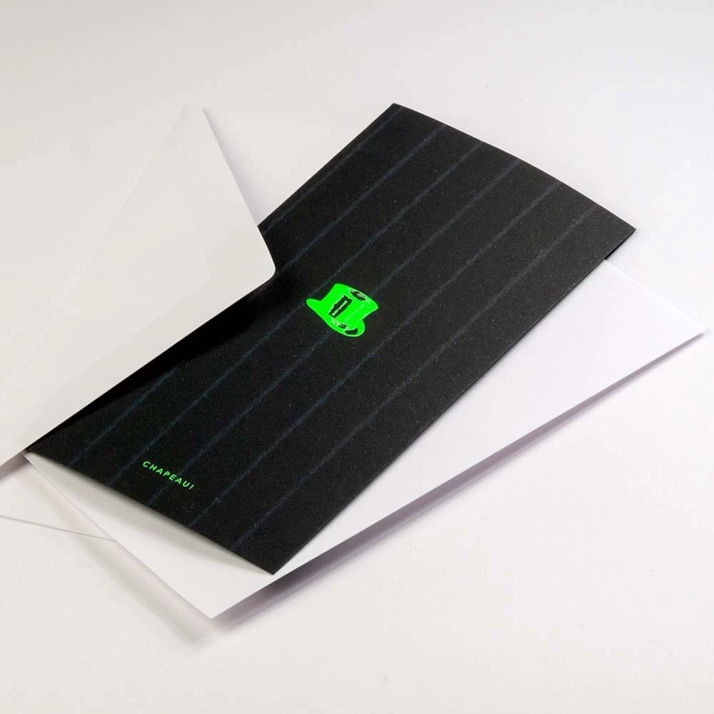 Greeting card chapeau on pinstripes