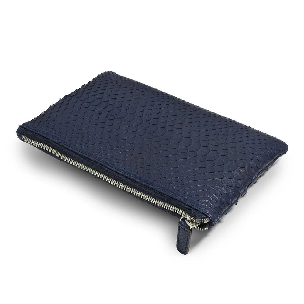 Pouch with Zip, python leather, small, blue