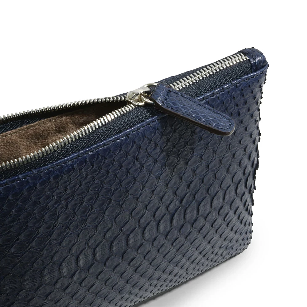 Pouch with Zip, python leather, small, blue