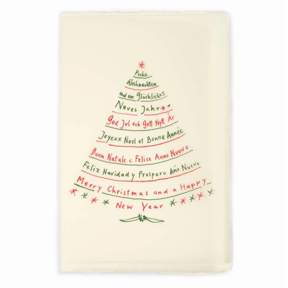 Christmas card tree with writing green/gold laid paper