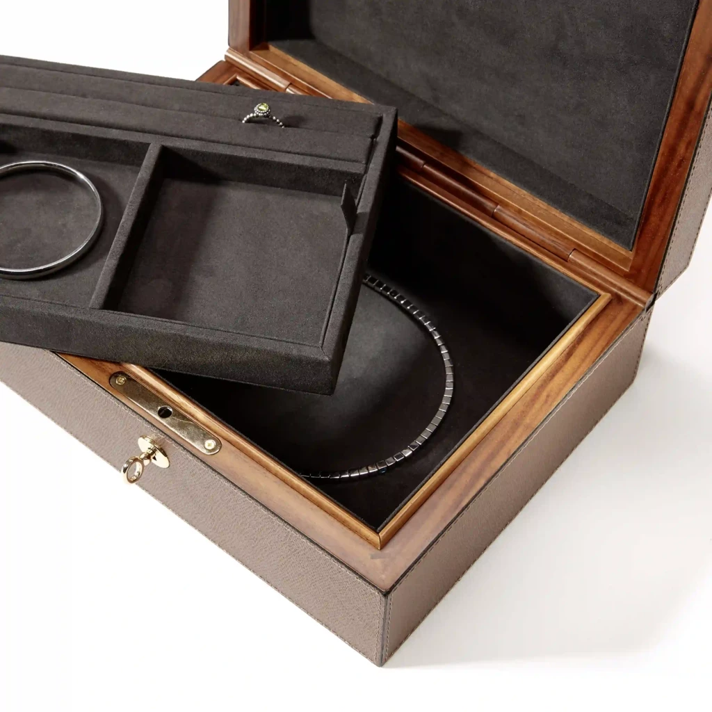 Jewellery Box, walnut/leather, bronze